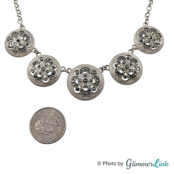 Trifari Floral Ornate Faux Marcasite Circles Silver Tone Necklace - Picture 7 of 13